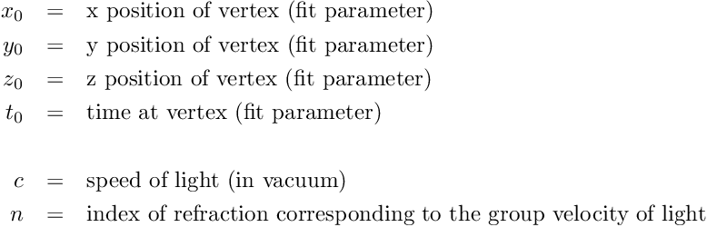 \begin{eqnarray*} x_0 & = & \textrm{x position of vertex (fit parameter)} \\ y_0 & = & \textrm{y position of vertex (fit parameter)} \\ z_0 & = & \textrm{z position of vertex (fit parameter)} \\ t_0 & = & \textrm{time at vertex (fit parameter)} \\ \\ c & = & \textrm{speed of light (in vacuum)} \\ n & = & \textrm{index of refraction corresponding to the group velocity of light} \\ \end{eqnarray*}